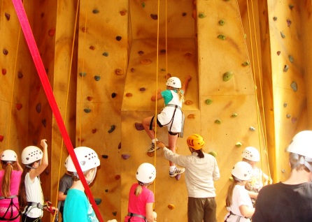 Student group looking at climbing student on wall